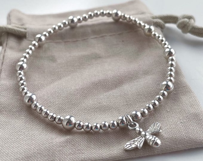 Sterling Silver Beaded Bracelet with Bumble Bee Charm