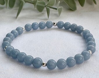 Angelite Beaded Bracelet, Gold Blue Angelite Bracelet, Minimalist stacking bracelet, Gift for Her, Unisex Protection Bracelet
