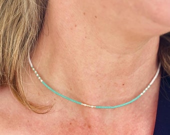 Tiny Turquoise Seed Bead Necklace, Turquoise and Gold adjustable necklace, Boho Beach Necklace, Turquoise Jewelry