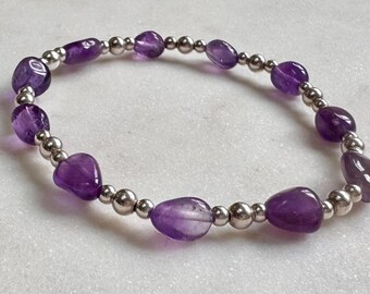 Sterling Silver & Amethyst Gemstone beaded bracelet, Crystal Bracelet, Gift for her, Birthstone jewellery
