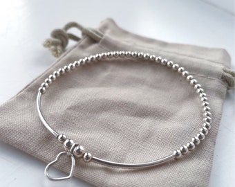Sterling Silver Heart Charm Bracelet: Dainty Beaded Stacking Jewelry