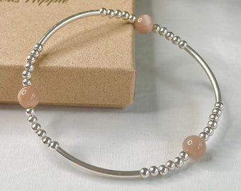 Sterling Silver Sunstone Beaded Bracelet, Stretch Noodle Bracelet, Stacking Bracelet with Gemstones