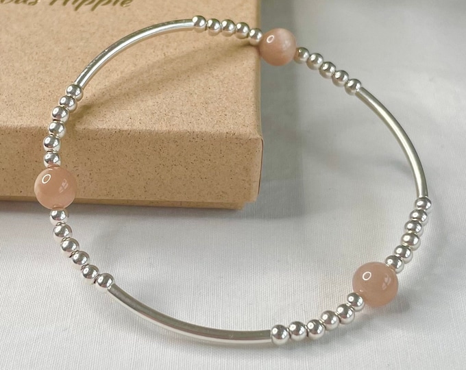 Sterling Silver Sunstone Beaded Bracelet: Boho Stacking Jewelry