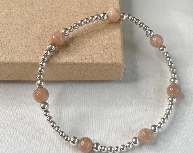 Sunstone Gemstone Bracelet, Sterling Silver Beaded, Stacking Bracelet