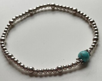 Silver and Turquoise Beaded Stretch Bracelet, December Birthstone Jewelry, Handmade Silver Stacking Bracelet