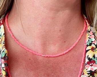 Coral Seed Beaded Necklace - Boho Beach Style, Sterling Silver Accents, Women’s Summer Jewelry, Gift for Her