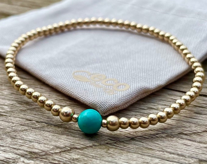Gold Beaded Bracelet: Natural Turquoise Gemstone Accent, December Birthstone