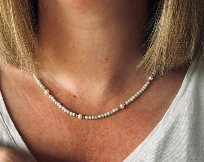 Amazonite Necklace with Freshwater Pearls, Gemstone & Pearl Necklace