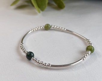 Sterling Silver Beaded Bangle with Natural Jade Gemstone Beads, Jade Green Bohemian Stacking Bracelet, Everyday Jewelry, Gift for her
