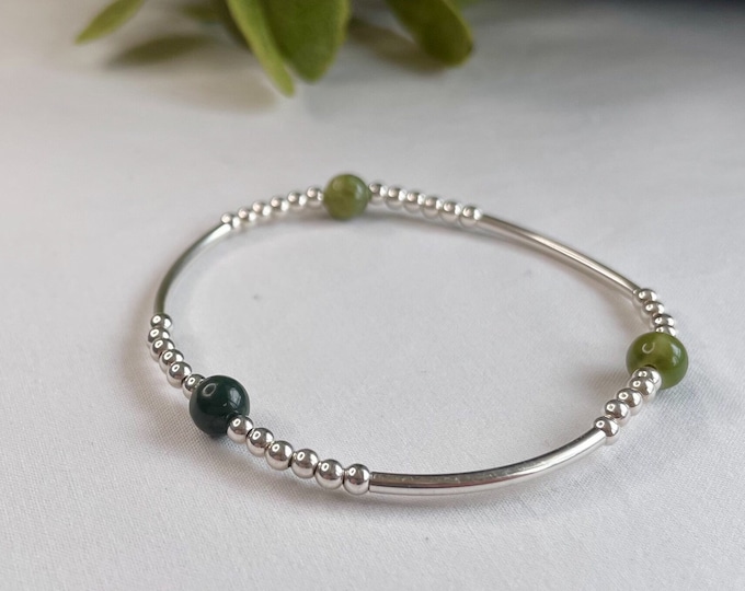 Sterling Silver Jade Beaded Bangle: Green Bohemian Bracelet