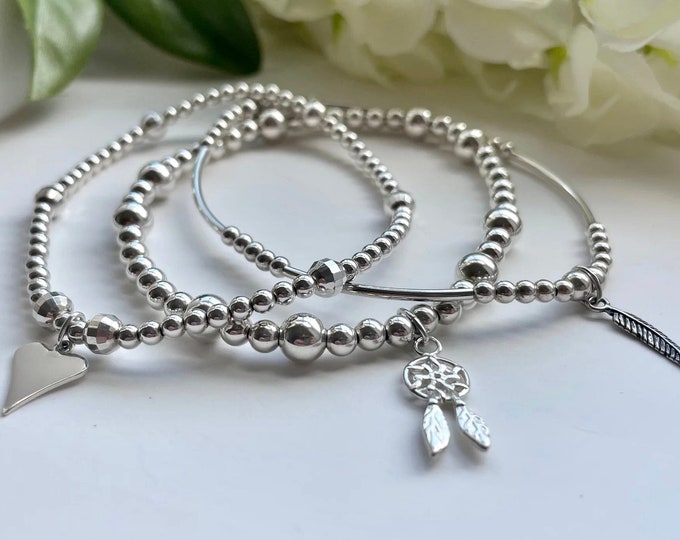 Sterling Silver Beaded Charm Bracelet Set: Bohemian Stack, Love Dream Feather