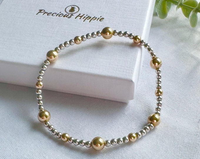 Sterling silver and 14k Gold filled stretch stacking bracelet, Womens minimal beaded bracelet