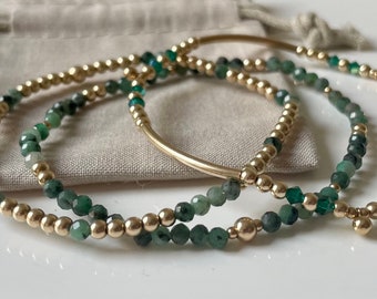 MAY Birthstone Dainty Stacking Bracelets, Skinny Emerald Gemstone Bracelet Stack, Sterling Silver or Gold Fill Bracelets, Birthday Gift