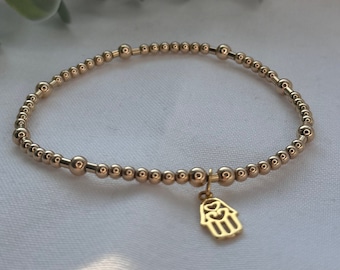 Gold Hamsa Hand Beaded Charm Bracelet, Gold Filled Beaded Boho Bracelet, Hamsa Charm bracelet for her