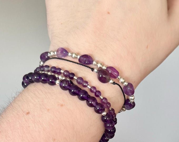 Boho Amethyst Bracelet • 4mm Natural Stone • Stretch Layering Jewellery