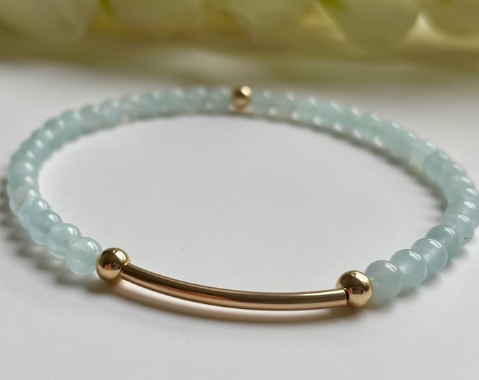 Aquamarine Beaded Bracelet: Sterling Silver & Gold Filled, March Birthstone