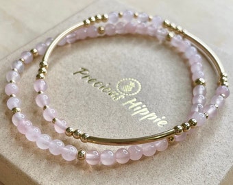 Dainty Rose Quartz Bracelet Set, Pink Rose Quartz Beaded Stacking Bracelets, Gold Filled Rose Quartz Healing Crystal Bracelet Stack