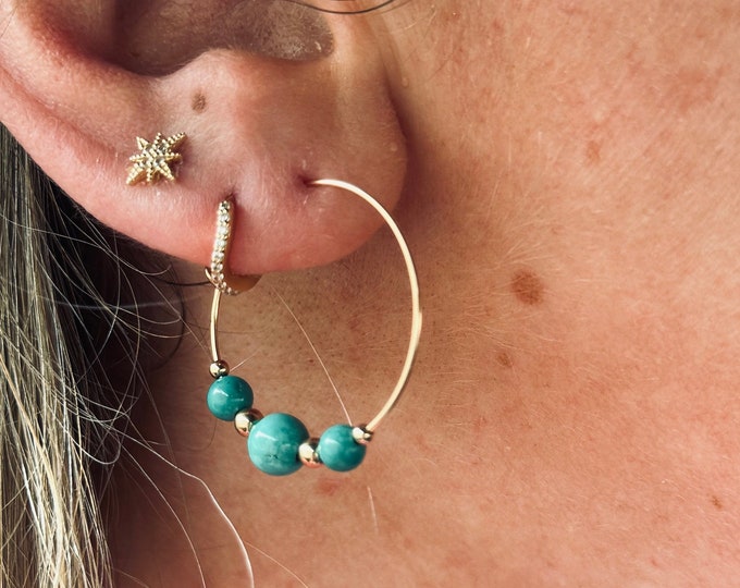 Turquoise & Gold Hoop Earrings - Boho, Hippie Earrings, December Birthstone Jewelry