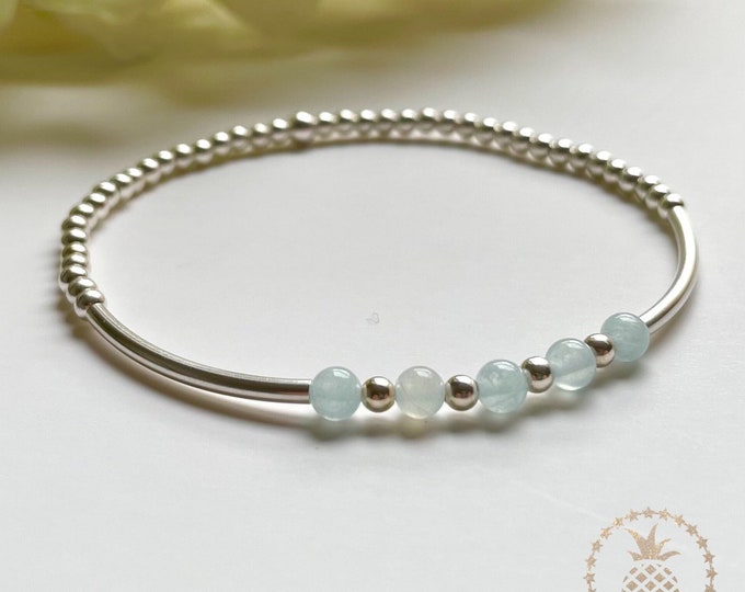 Aquamarine Beaded Bracelet: Sterling Silver March Birthstone Jewelry