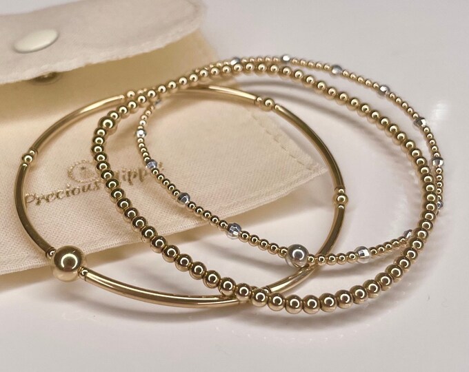 Gold Filled Bracelet Set, Gold Beaded Stacking Bracelets