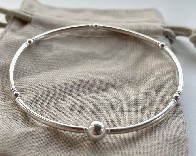 Sterling Silver Noodle Bead Bangle Bracelet: Minimalist Stacking Jewelry