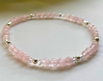 Rose Quartz & Crystal Beaded Bracelet, Womens Stacking Bracelet, Stone of Love Bracelet