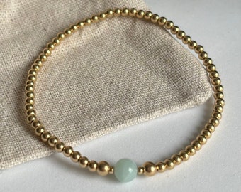 Gold Beaded Stacking Bracelet with Amazonite Gemstone, Gold filled stretch bracelet with healing Amazonite stone