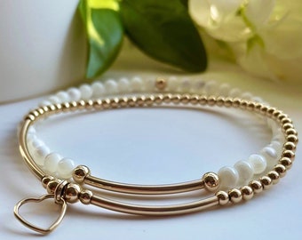 Mother of Pearl & Gold Heart Bracelet Set, Gold Gemstone Stacking Bracelets with Heart Charm, Womens Christmas Gift
