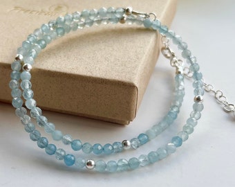 Aquamarine boho wrap bracelet, Ibiza inspired Aquamarine jewelry, birthstone bracelet for womens gift