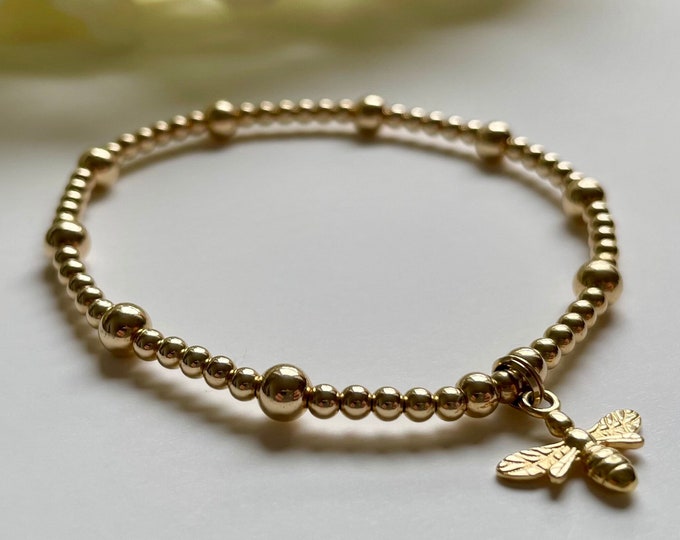 Gold Filled Beaded Bracelet: Dainty Bee Charm, Stacking Jewelry