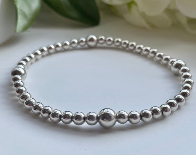 Sterling Silver Beaded Stretch Bracelet: Minimalist Stacking Jewelry
