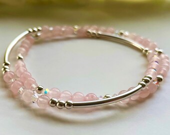 Rose Quartz and Silver Beaded Bracelet Set, Valentines Bracelet Set