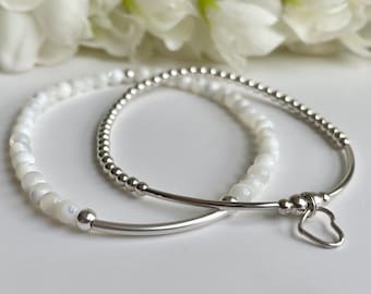 Mother of Pearl beaded bracelet set with heart charm, Womens Gemstone Bracelets, Christmas gift for her