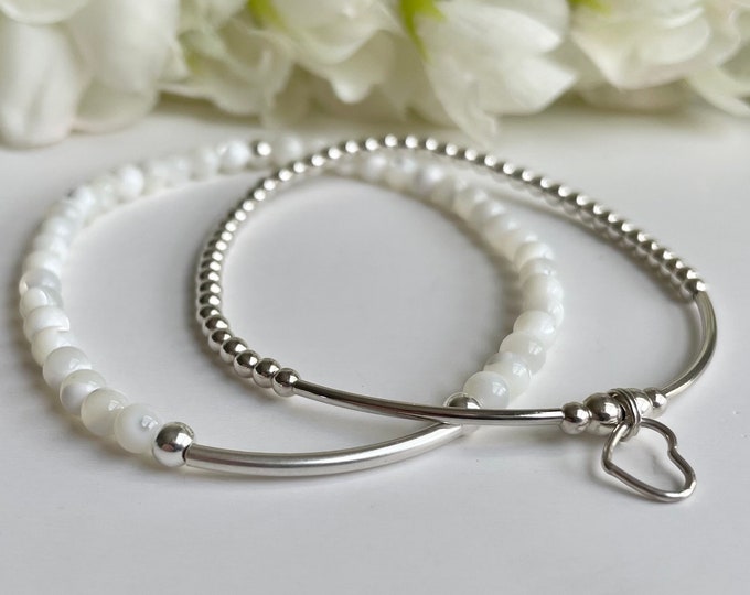 Mother of Pearl Beaded Bracelet Set: Sterling Silver Heart Charm