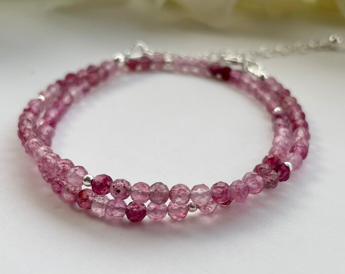 Pink Tourmaline Wrap Bracelet: Dainty Sterling Silver Gemstone Jewellery