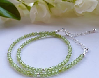 Peridot Wrap Bracelet, Dainty Green Gemstone Beaded Bracelet, Sterling Silver Wrap Bracelet, Gemstone Stacking Bracelet, August Birthstone