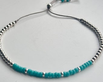 Turquoise and Sterling Silver adjustable friendship bracelet, womens silk and turquoise bracelet