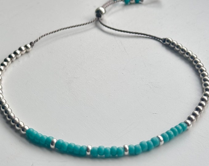 Turquoise Seed Bead Bracelet: Sterling Silver Adjustable Silk Cord