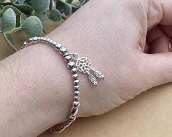 Sterling Silver Dreamcatcher Charm Bracelet: Boho Stacking Jewelry