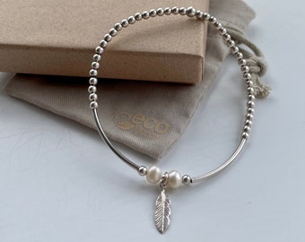 Sterling Silver Feather bracelet, 925 beaded stretch stacking bracelet, Silver bracelet with Feather and Pearls