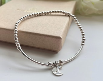 Sterling Silver Moon Bracelet, Dainty Silver Moon Charm Bracelet, Stacking Jewellery