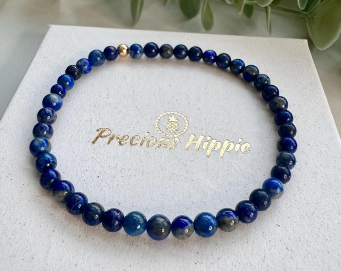 Lapis Lazuli Beaded Bracelet: Genuine Gemstone with 14K Gold Accents