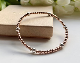 Rose Gold Bracelet Stretch Bracelet, Mixed Metal Stacking Bracelet, Stretch Bracelet, Rose Gold Jewellery, Gift for her, Minimal Bracelet