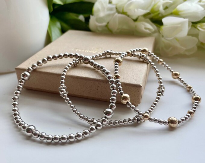 Sterling Silver Beaded Bracelet Stack: Gold Filled Accents, Set of 3