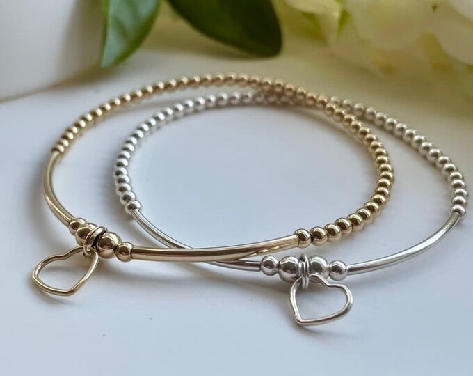 Sterling Silver or Gold Heart Charm Bracelet, Dainty Beaded Stacking Jewelry, Gift for her