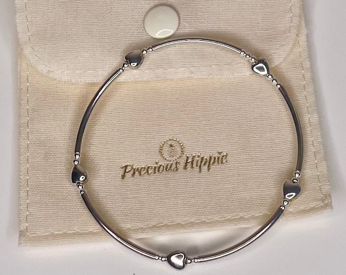 Sterling Silver Heart Bangle: Dainty Beaded Bracelet Gift