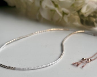 Tiny Cream and Gold Seed Bead Necklace, Beige and Gold adjustable necklace, Dainty Spring Summer Necklace, Ibiza inspired silk necklace