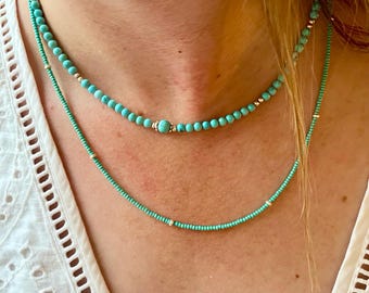 Tiny Turquoise Beaded Necklace, Minimalist boho Ibiza inspired jewellery, Gift for women