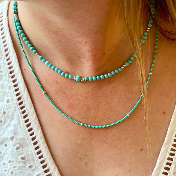 Tiny Turquoise Beaded Necklace, Minimalist boho Ibiza inspired jewellery, Gift for women