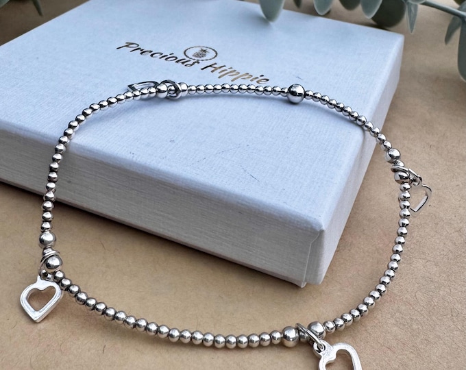 Sterling Silver Heart Charm Bracelet: Minimalist Beaded Stacking Bracelet